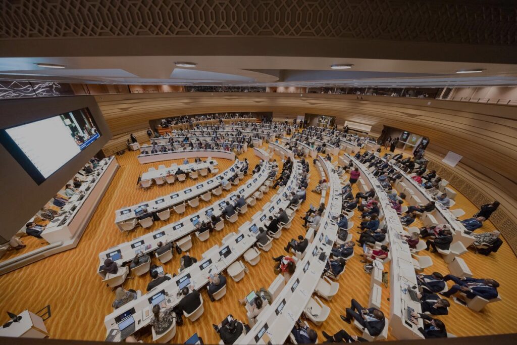 Delegates participate in a Committee B session at the World Health Assembly, deliberating on a decision regarding the Global Action Plan on Climate Change and Health.