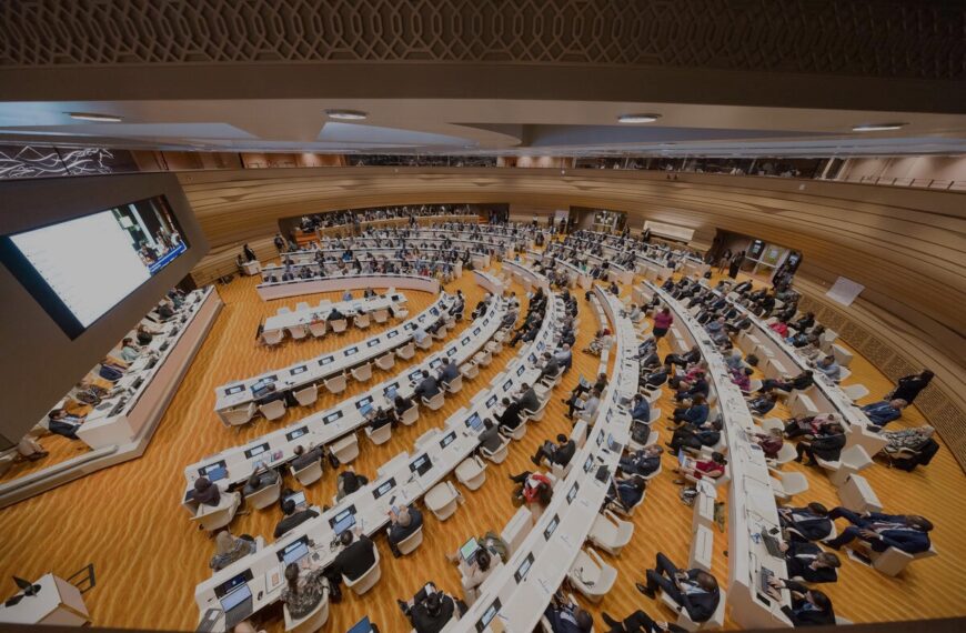 Delegates participate in a Committee B session at the World Health Assembly, deliberating on a decision regarding the Global Action Plan on Climate Change and Health.