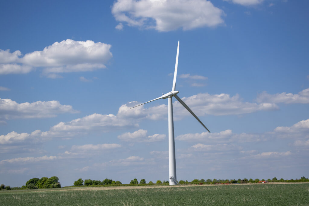 A photograph of a wind turbine at Westmill Wind Farm