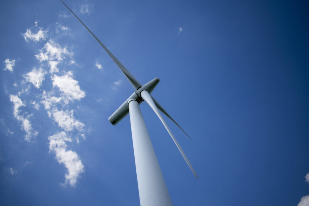 A photograph of a wind turbine at Westmill Wind Farm 