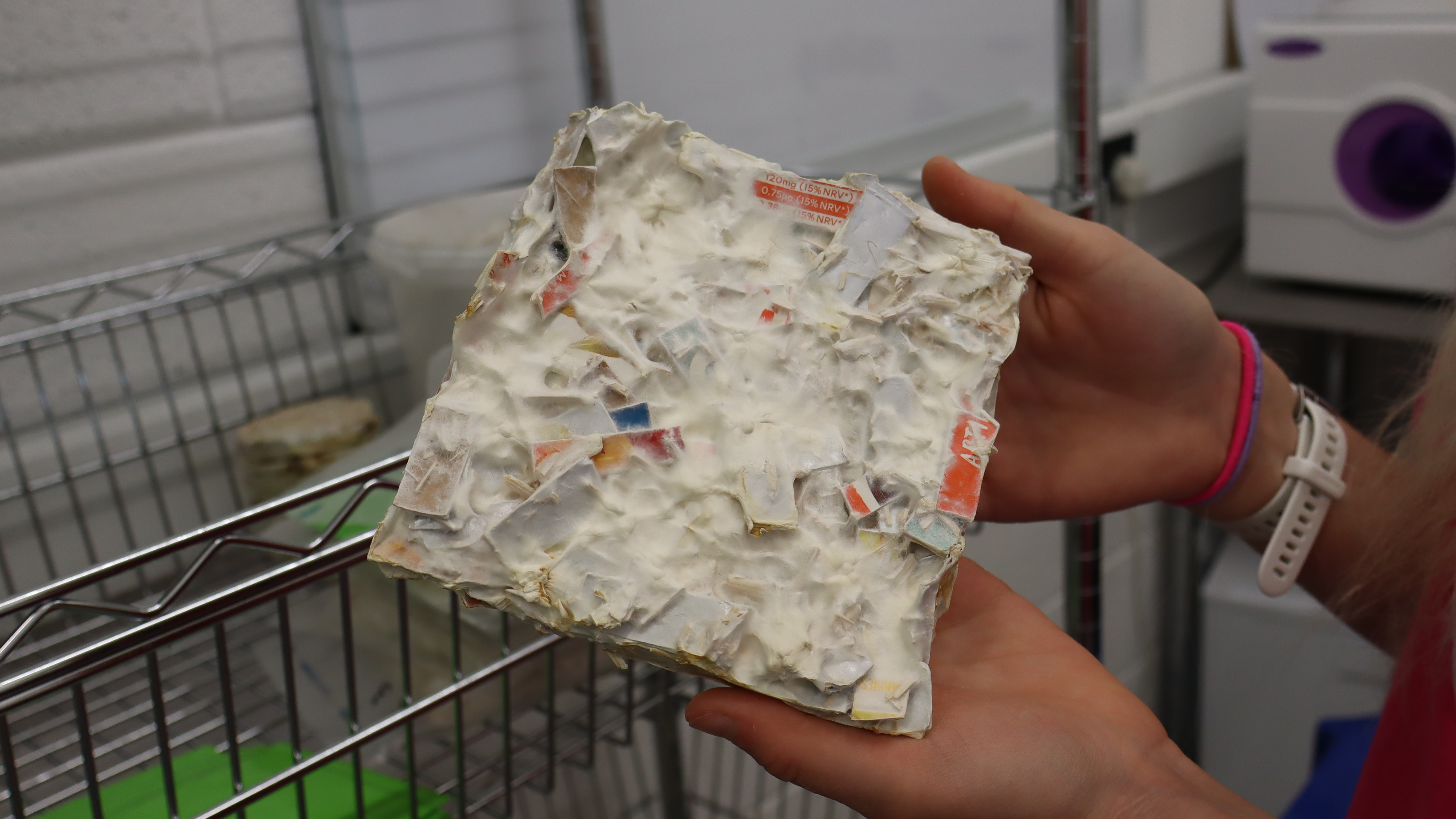 Hands holding a small square of mycelium-based material, with pieces of plastic food packaging still visible