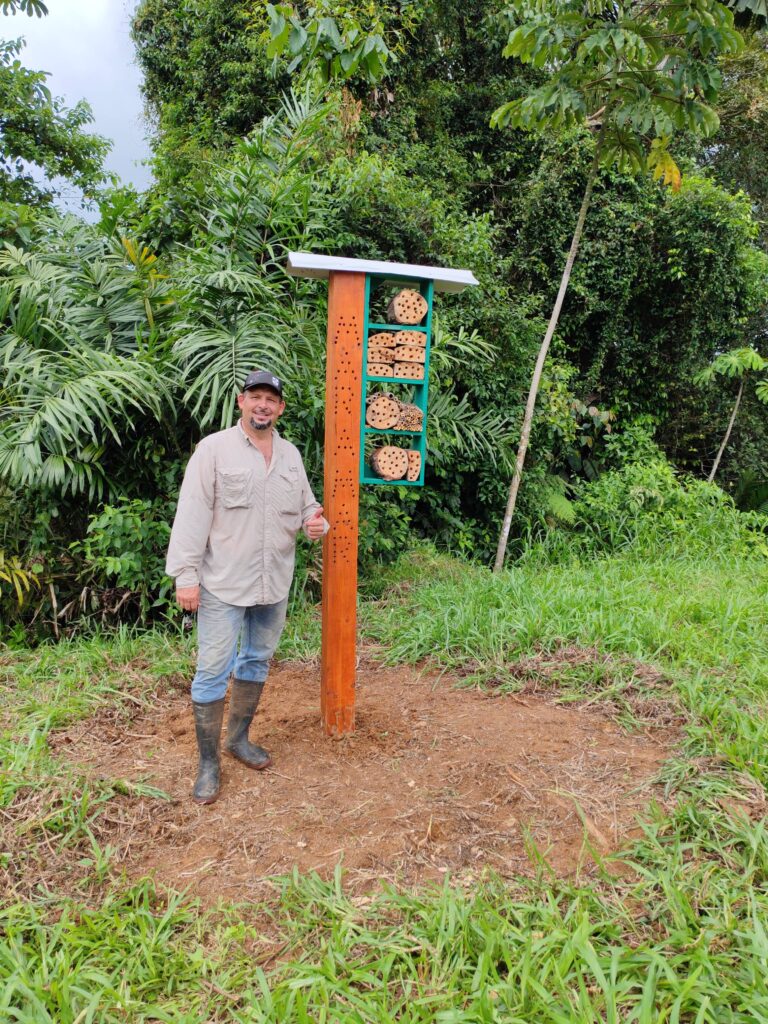 Luis Mauricio Penids standing next to stingless beehive on the Camino de Costa Rica trail
