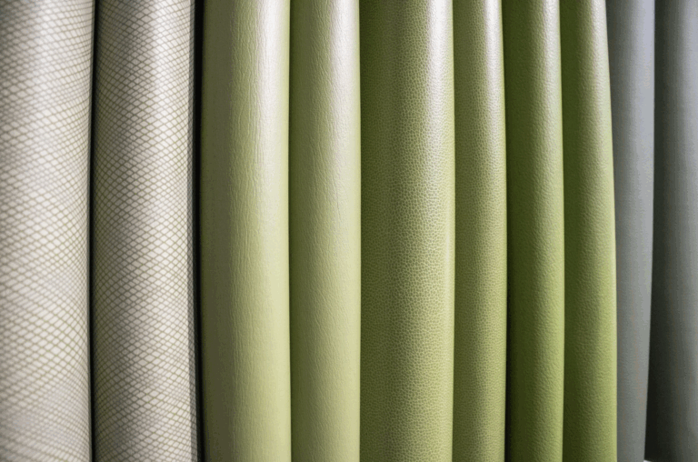 A row of textiles made of organic materials, in a range of green tones