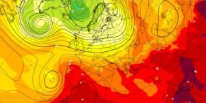 A heat map of Europe with green, yellow, orange and red sections.
